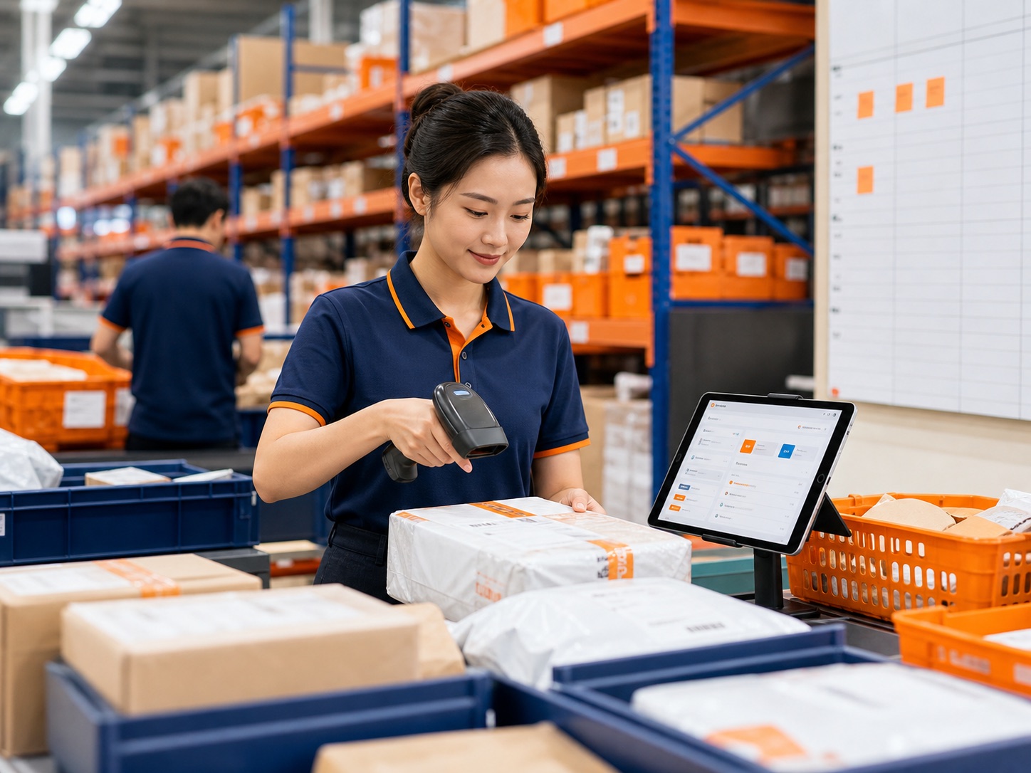 Nhân viên kho quét mã kiện hàng hoàn trong khu xử lý logistics